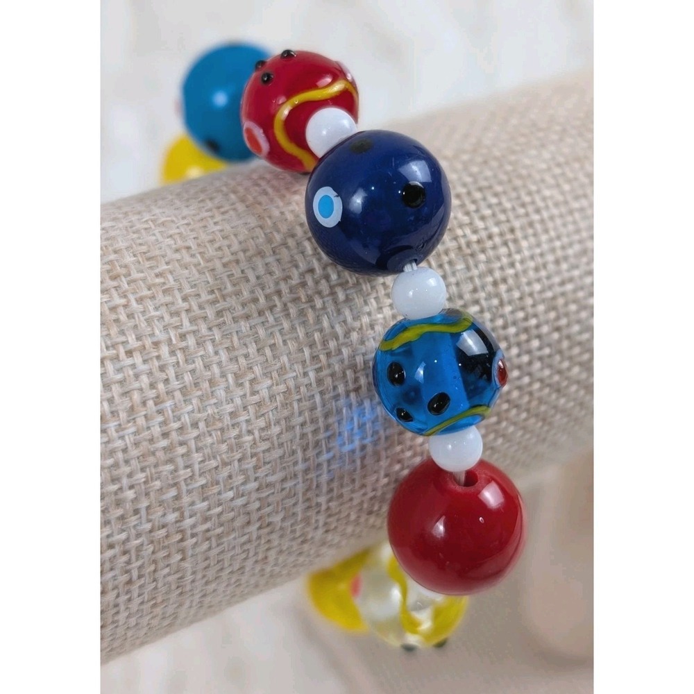 Colorful‎ Lampwork Glass Bead Bracelet Faces Stretch Whimsical Artisan